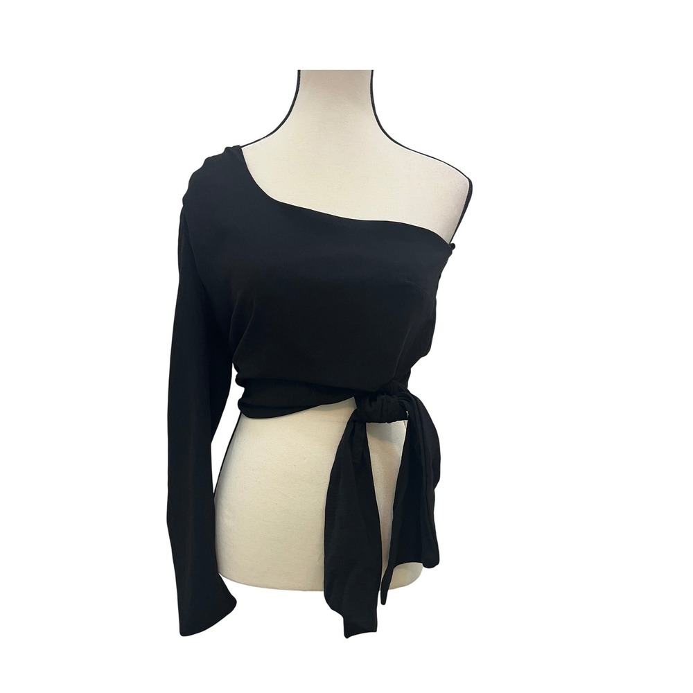 Emory Park One Shoulder Crop Top Women Medium Black Excellent Side Tie Smocked